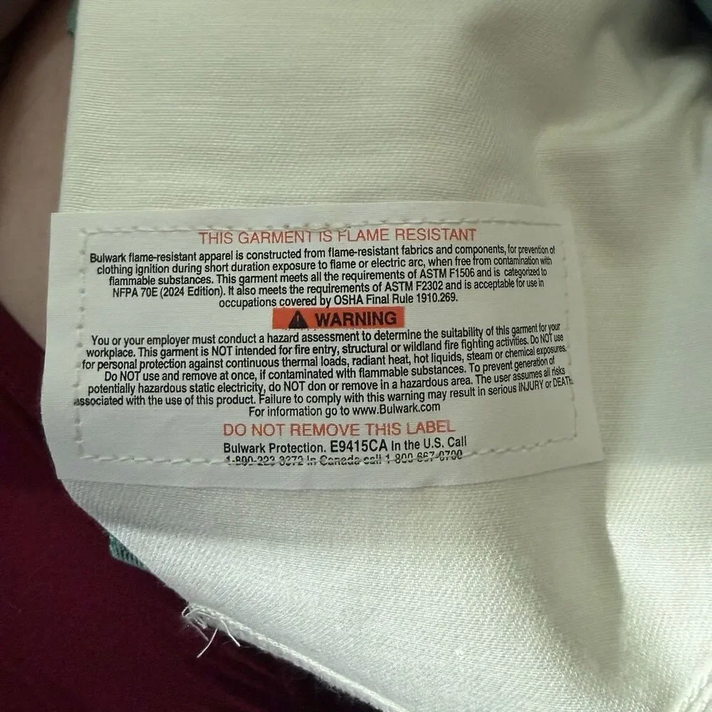 Bulwark RG03230 FR CAT 2 Pants 34x32 Green ATPV 12 NFPA 2112 NWOT Welder Molton